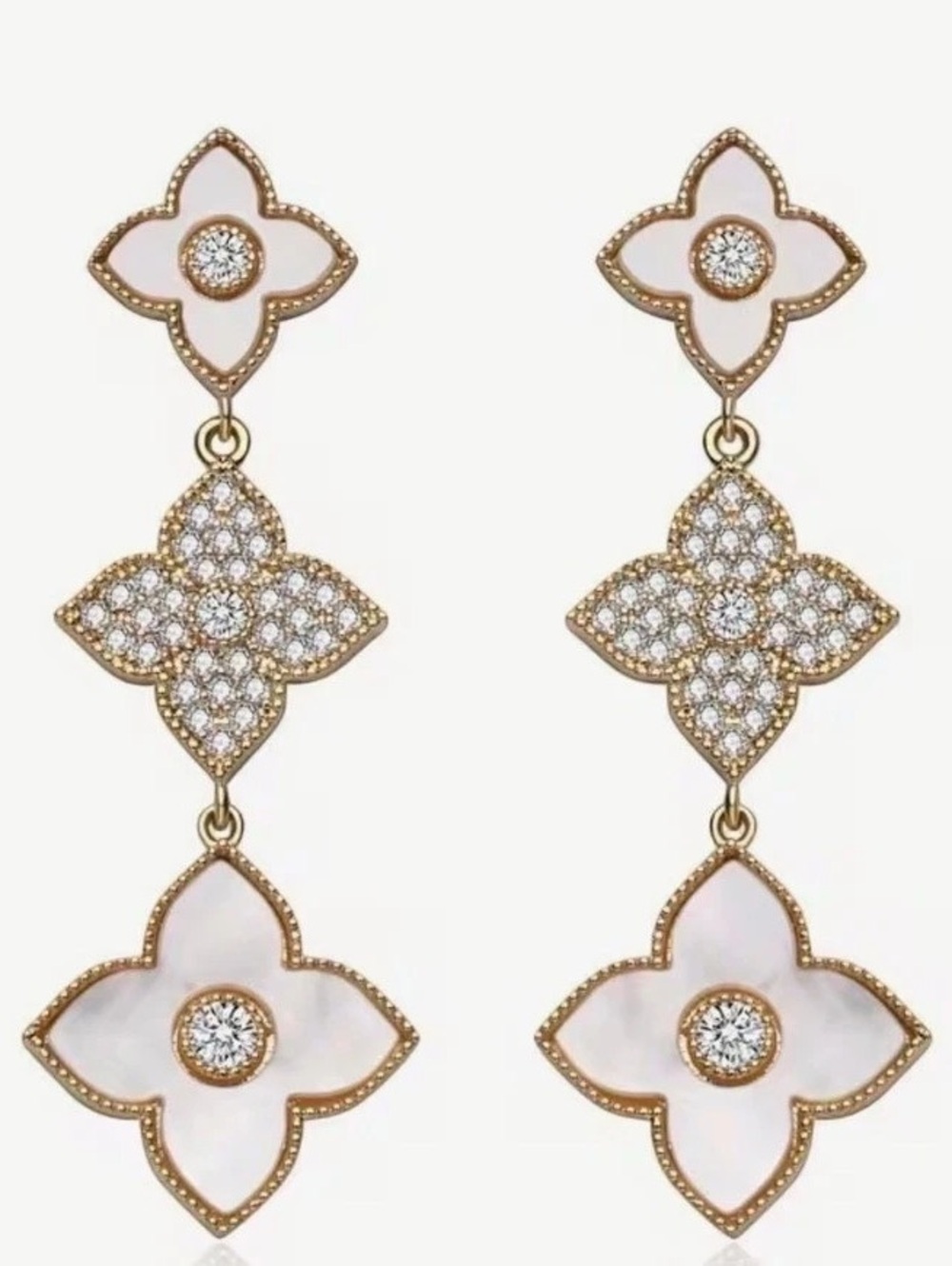 Gold & White Enamel Floral Drop Earrings New